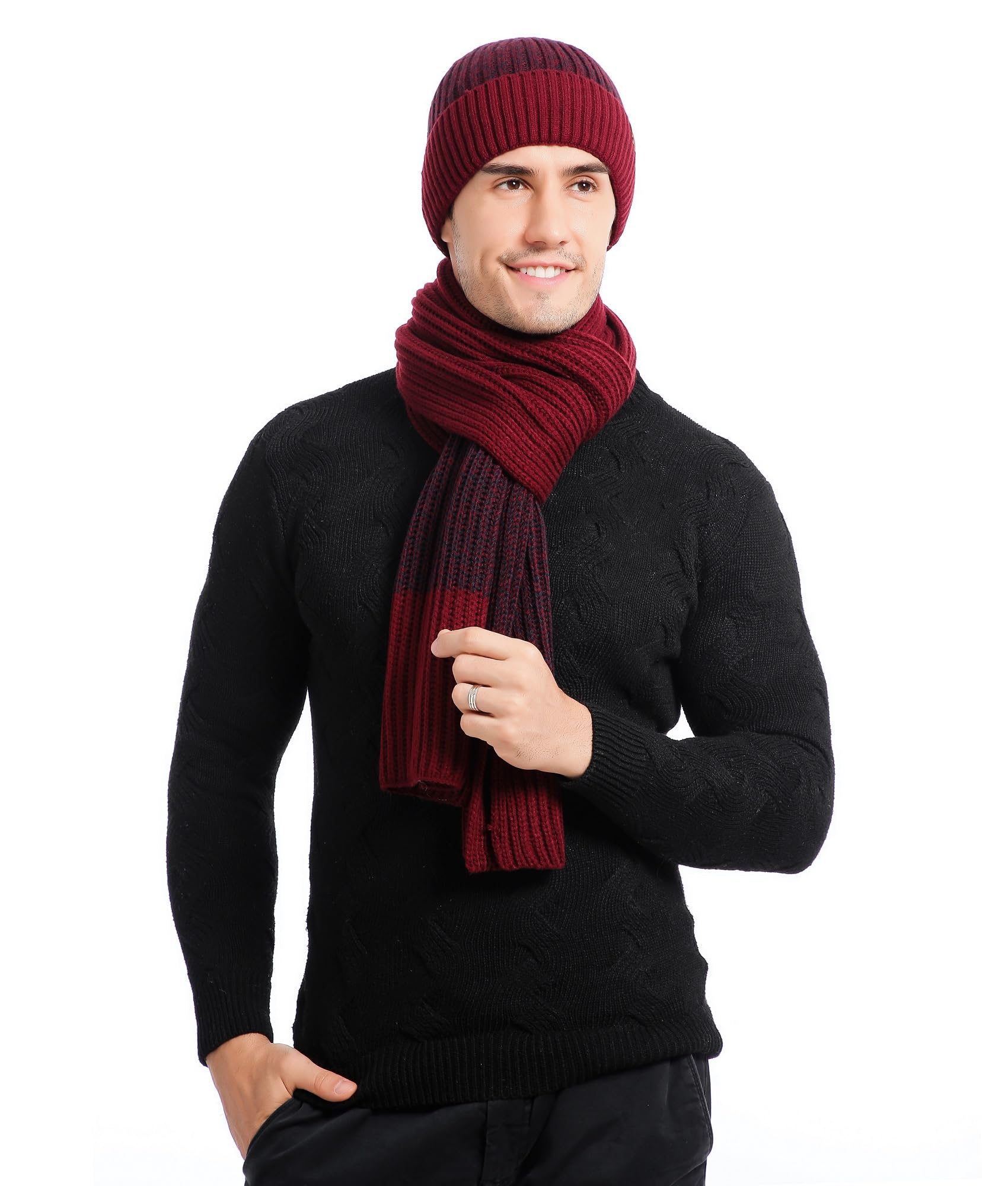 Męska czapka szalik i rękawiczki zestaw zimowa ciepła dzianinowa czapka beanie długi szalik ocieplacz na szyję rękawiczki z ekranem dotykowym zestaw upominkowy