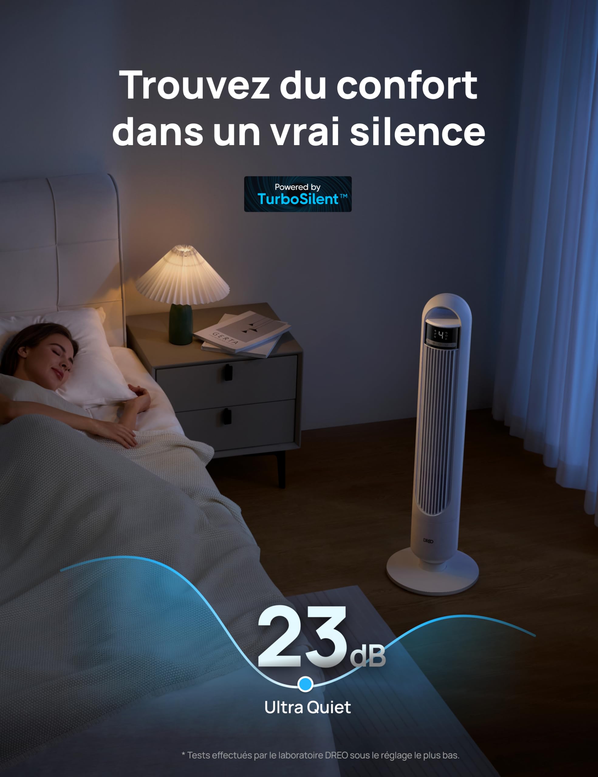 DREO Ventilateur Colonne Silencieux 23 dB pour Chambre, Couverture Max 9.8 m, Ventilateur Debout sans Lame, Oscillation 90°, 4 Vitesses, 3 Modes, Minuteur 8H, Affichage LED