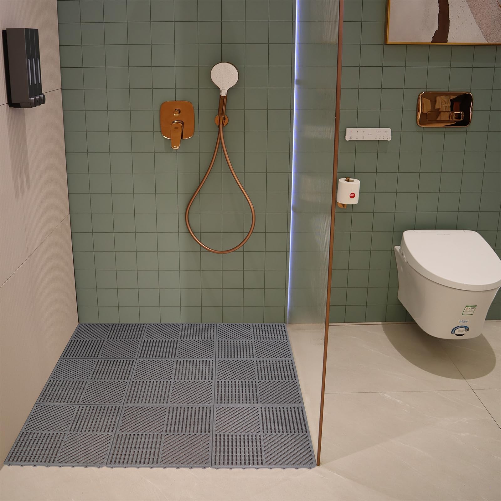 Paquete de 9 azulejos de drenaje antideslizantes entrelazados, tapete de ducha al aire libre para piscina, baño, sótano, barco y área de mascotas, 12 x 12 pulgadas, color gris claro