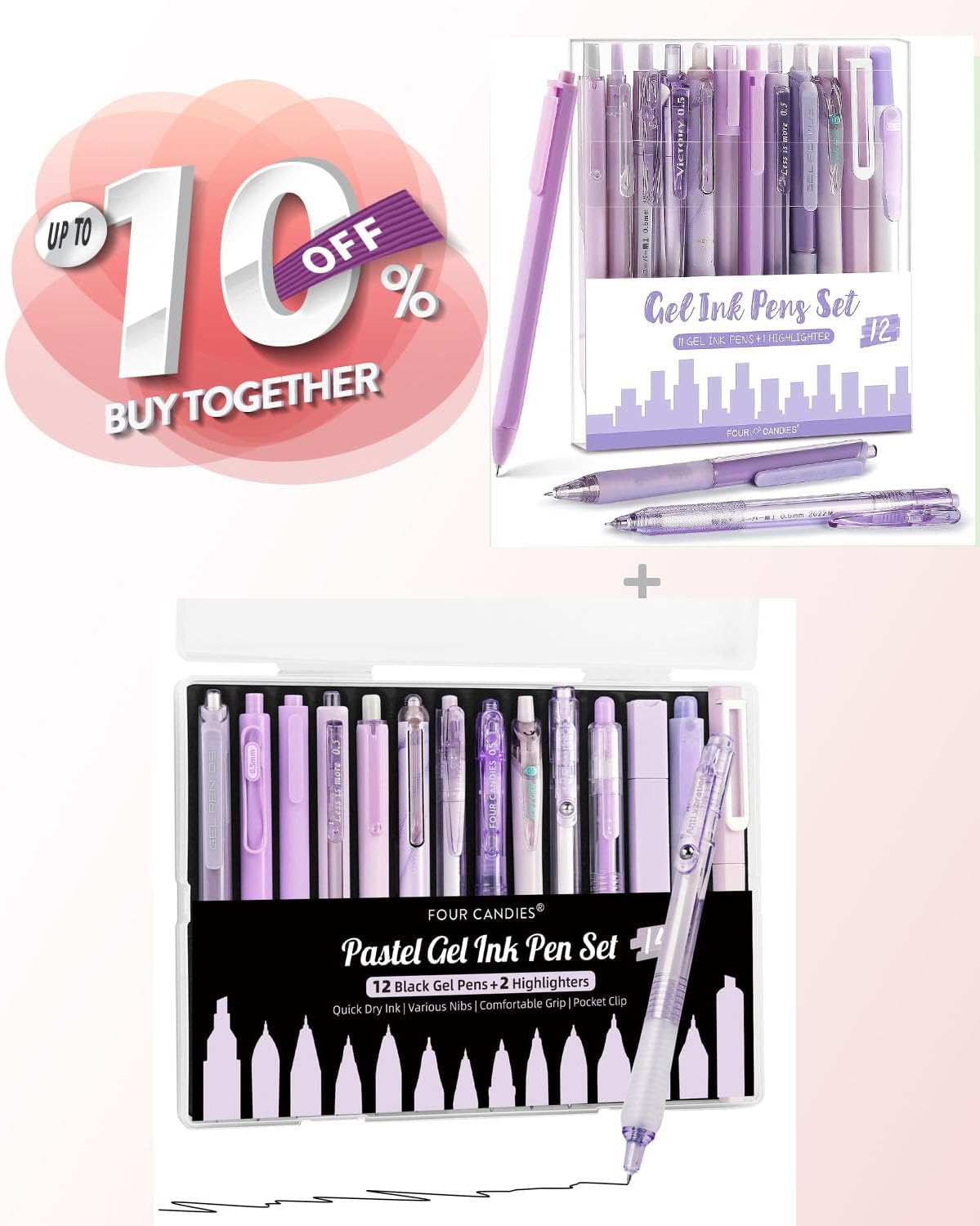 Four Candies 12Pack Pastel Gel Ink Pen Set + 14PCS Pen Set Purple with Case