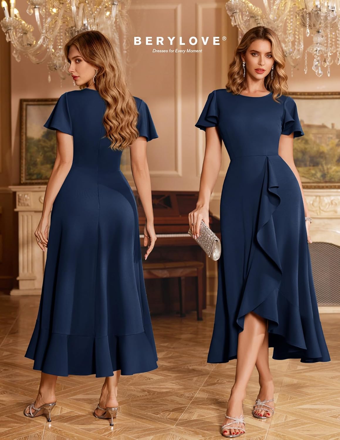 BeryLove Women Formal Party Dresses Flutter Short Sleeve Wedding Guest Cocktail Long Evening Dress S007 Z-Navy M - Image 2