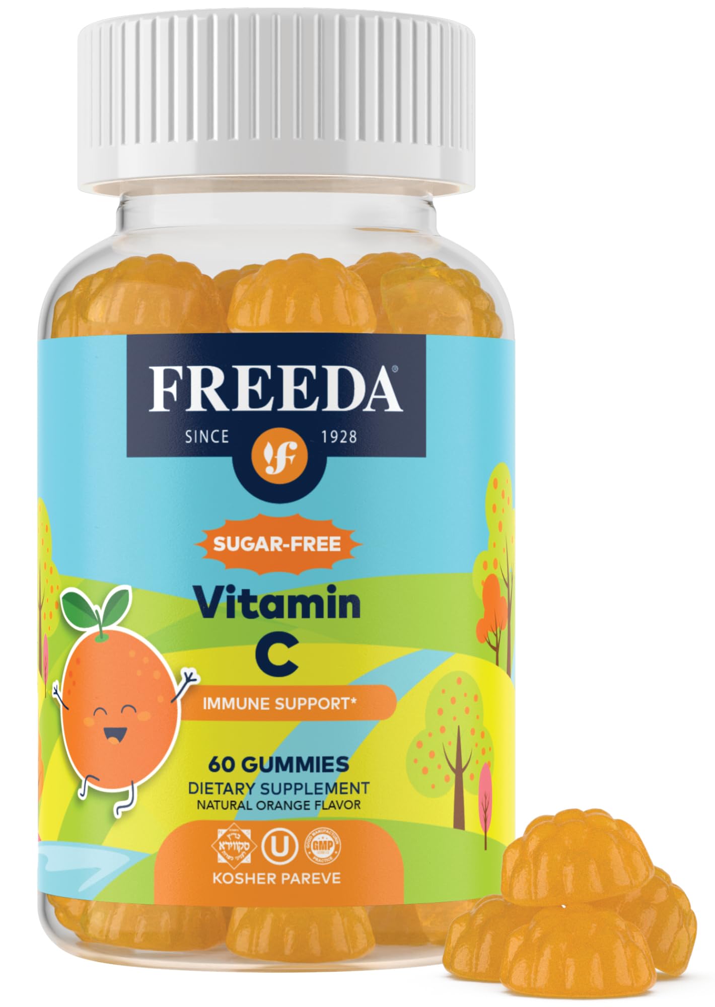 FREEDA Vitamin C Kids Vitamin C Gummies - Kids Sugar Free VIT C Gummy Chewable for Adults, Teens & Children - Certified Kosher, Delicious Orange