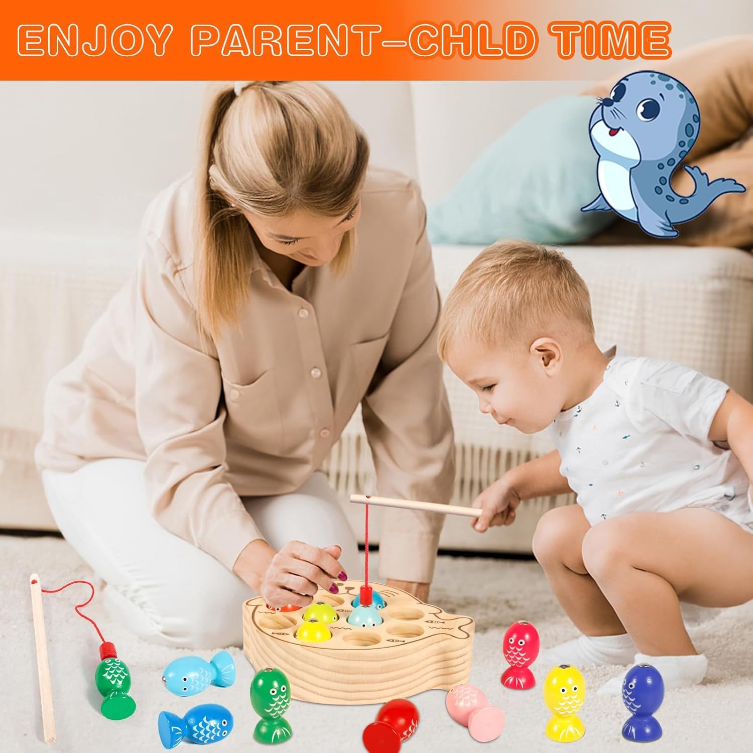 Jeu De Pêche Magnétique En Bois Dès 3 Ans – Montessori – 10 Poissons + 2 Cannes – Chat – Cadeau Fille Garçon