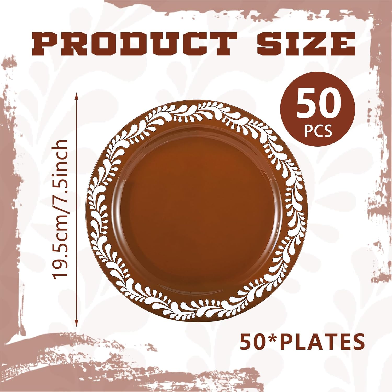 Yungyan 50 Pcs Mexican Plastic Plates 7.5 Inch Dessert Plate Cielito Lindo Party Platos De Barro Brown Cake Plates Bulk for Mexican Themed Holiday Party Wedding Showers Supplies