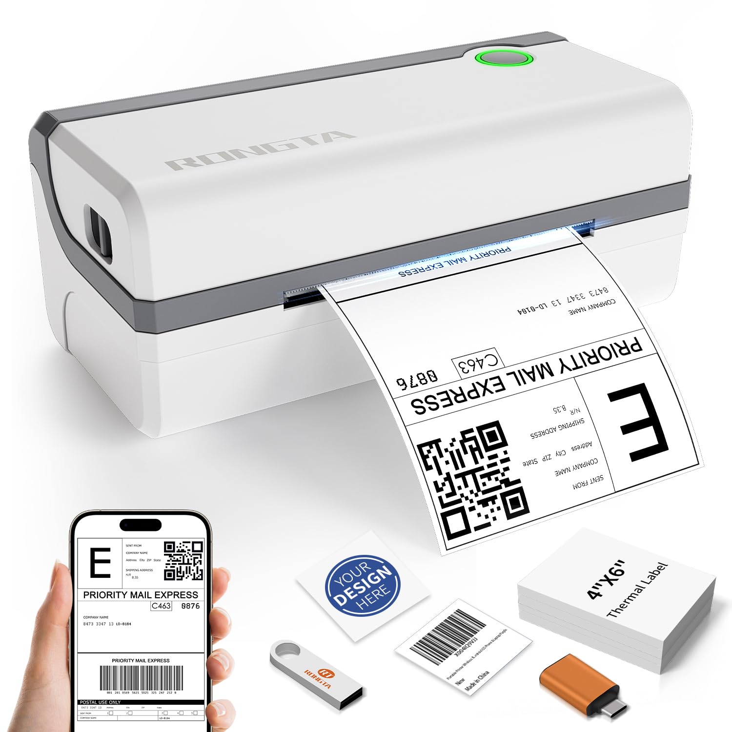 Rongta Bluetooth Thermal Shipping Label Printer with a printed label, a smartphone displaying a label, a USB drive, and a stack of 4x6 thermal labels.
