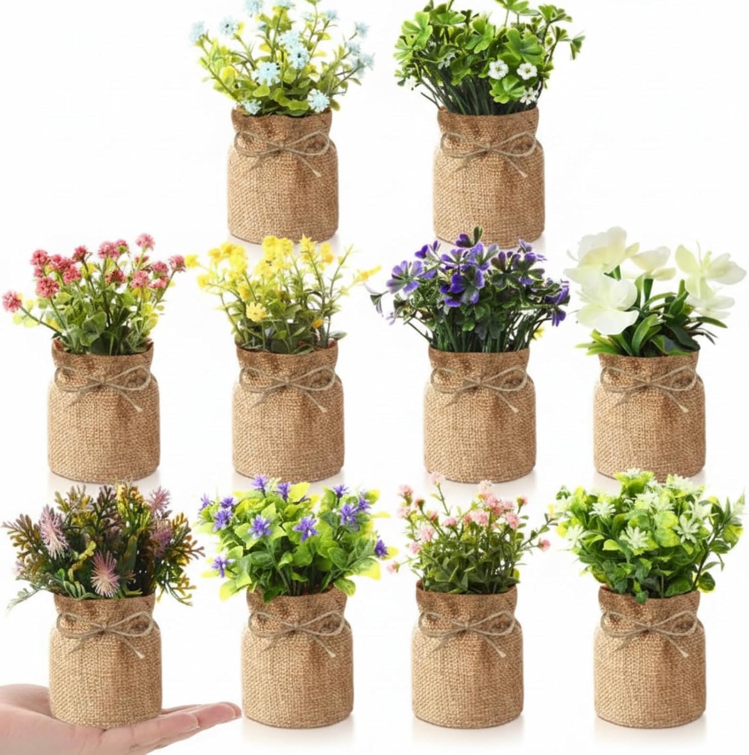 Giegxin 10 Pack Artificial Flowers in Small Burlap Bag Vases Mini Faux Flowers Plants for Indoor Home Decor Artificial Plants in Pots for Spring Wedding Kitchen Shelf Table Office Desk Gift (Style 1)