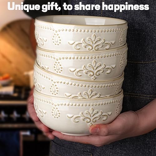 Miniatura 8 de Artena Tazones de sopa de 32 onzas, juego de 4 cuencos de cerámica en relieve, cuencos de ensalada blancos de 6.3 pulgadas, cuencos grandes para