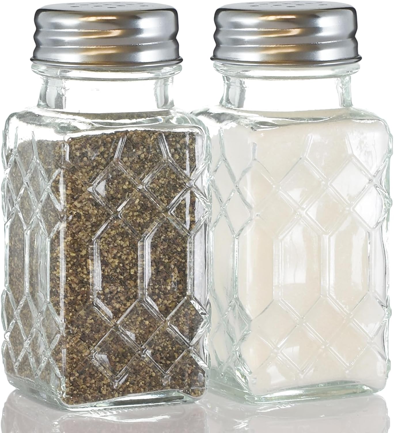 2 Pack Glass Salt and Pepper Shakers with 304 Stainless Steel, Vintage Spice Shakers for Dining Room Table, Kitchen, Restaurant