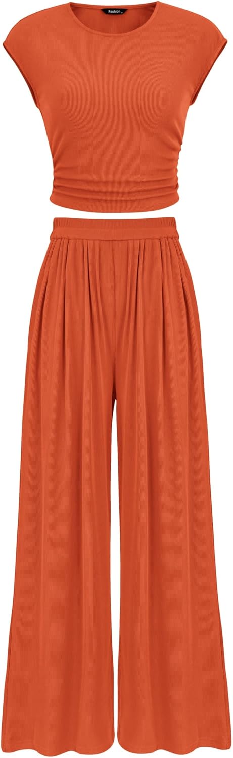 PRETTYGARDEN Women's Summer 2 Piece Outfits 2025 Cap Sleeve Ruched Slim T Shirt Ribbed Knit Wide Leg Pant Sets Tracksuit