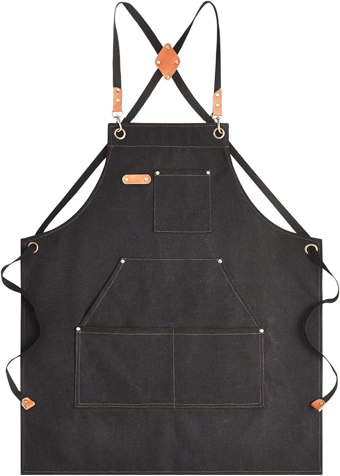 Aoomzoon Canvas Aprons for Men Chef Apron, Work Apron with Large Pockets - 16oz Heavy Duty Cross Back, BBQ, Cooking