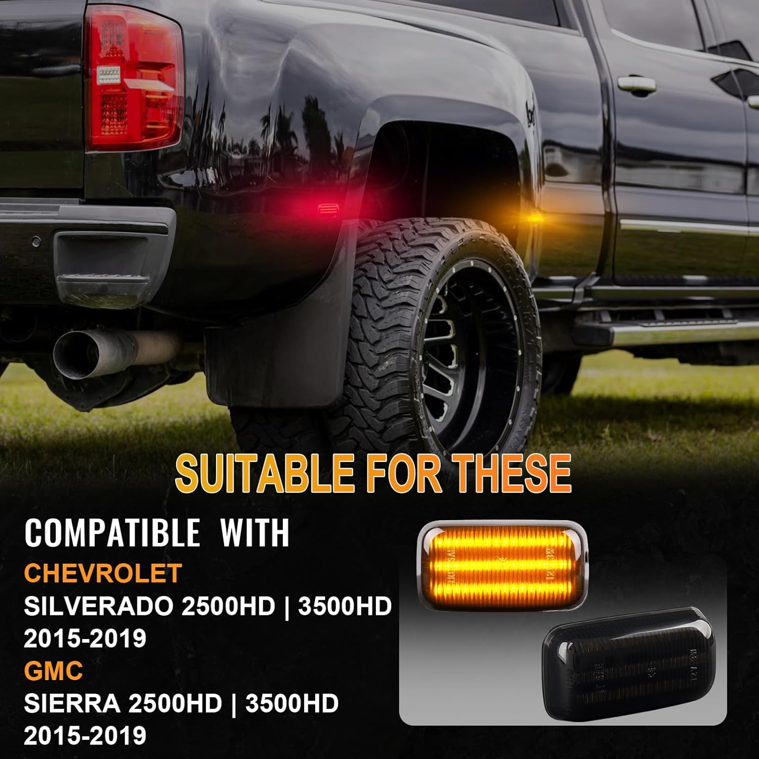 4PCS LED Side Marker Lights Compatible with 2015-2023 Chevy Silverado Sierra 2500HD 3500HD, Amber & Red Dual Rear Wheel Bed Marker Lamps, Smoked Lens Three Beam