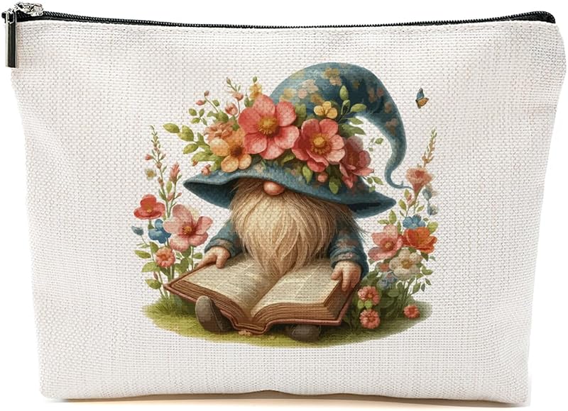 Necessaire de maquiagem BQXH com estampa Floral Garden Gnome e zíper