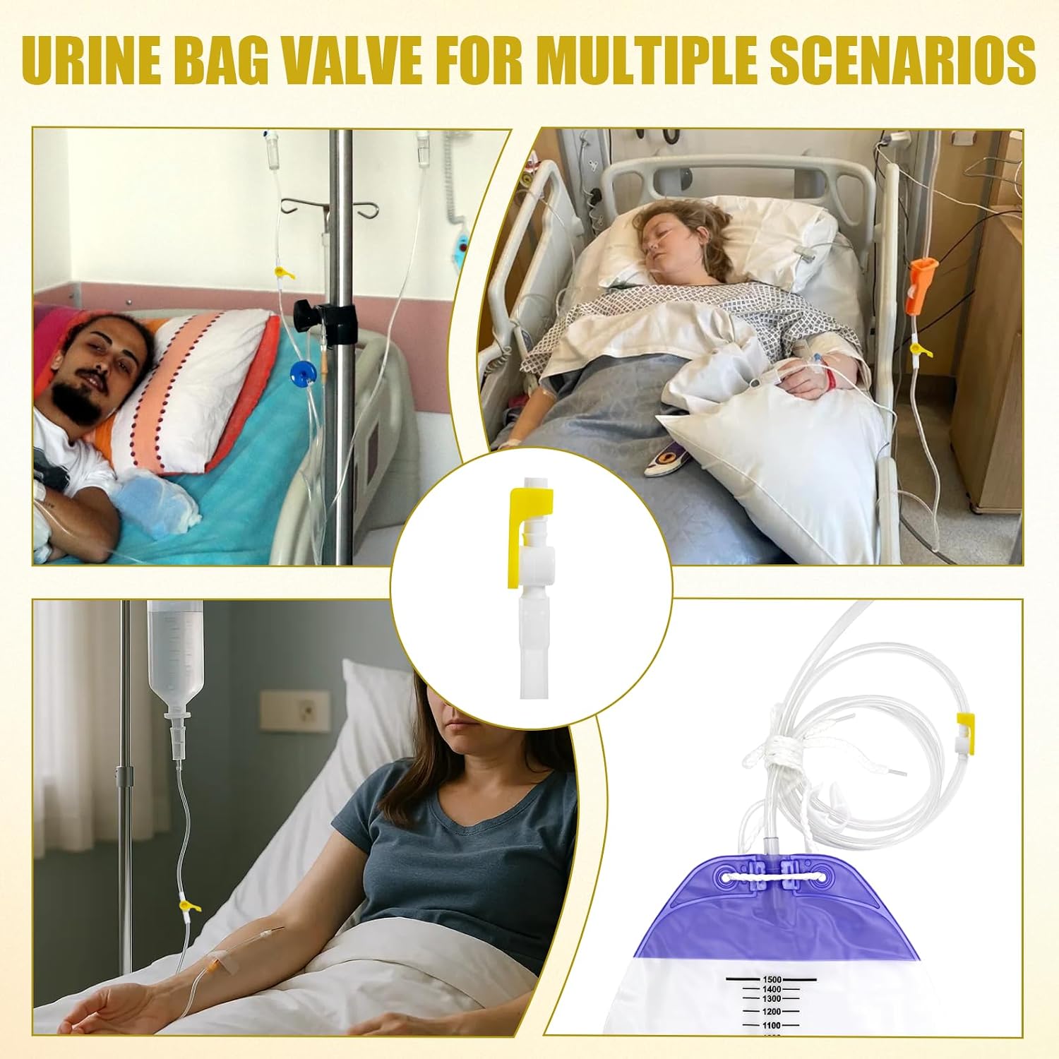 Urine Drainage Catheter valves, Easy to Use Urinary Drainage Bag Valve, Smooth Edges, and Tubing for Urinary Catheter Supplies (10, Yellow)