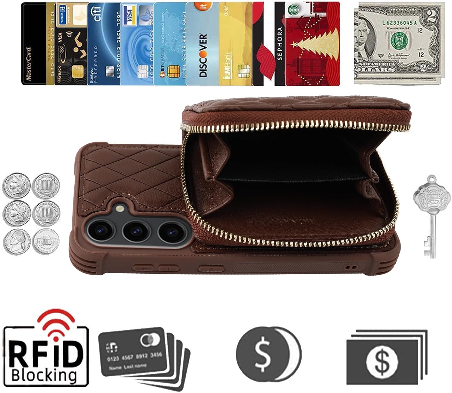 MONASAY Crossbody Wallet Case Compatible for Samsung Galaxy S24 6.2 inch[Glass Lens and Screen Protector] Zipper Leather Phone Cover with Card Holder and Handbag Shoulder Lanyard Strap, Brown