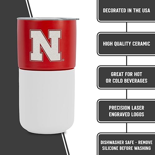 Miniatura 6 de Rico Industries NCAA Nebraska Cornhuskers - Vaso de cerámica de 16 onzas con agarre de silicona, grabado láser profundo, diseño de color rojo y