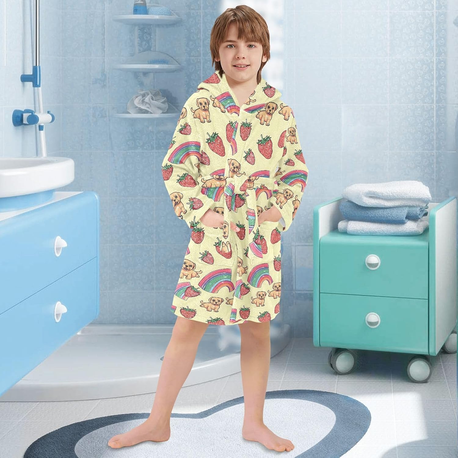 senya Strawberry Puppy Toddler Hooded Bathrobe Kids Soft Plush Bath Towel Robes for Boys Girls 2-12 Years