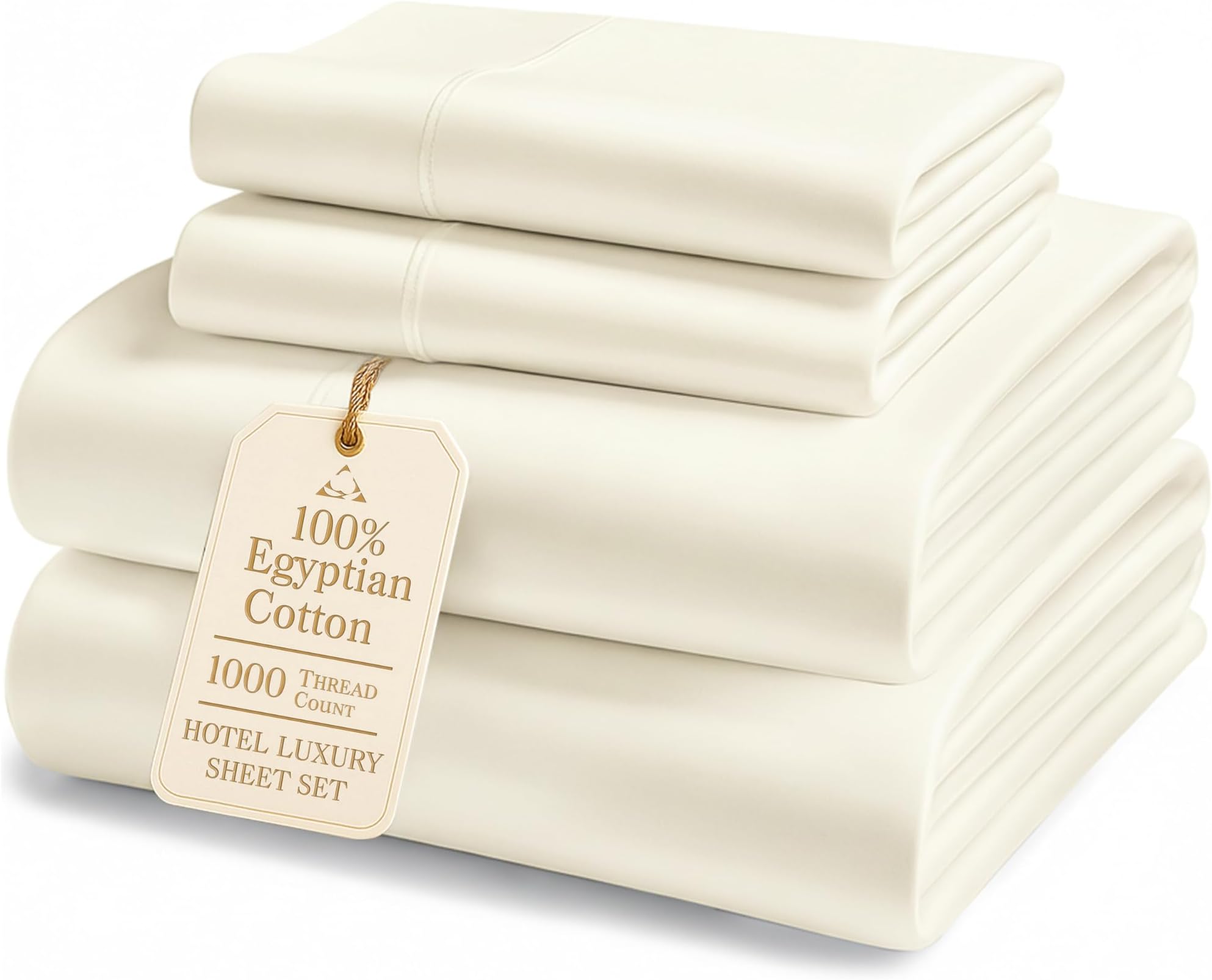 100% Egyptian Cotton King Size Sheets Set – Luxury 1000 Thread Count Ultra Soft & Durable Christmas Sheets King Size, Silky Sateen Weave, Snug Fit 15" Deep Pocket, Hotel Comfort at Home - Ivory