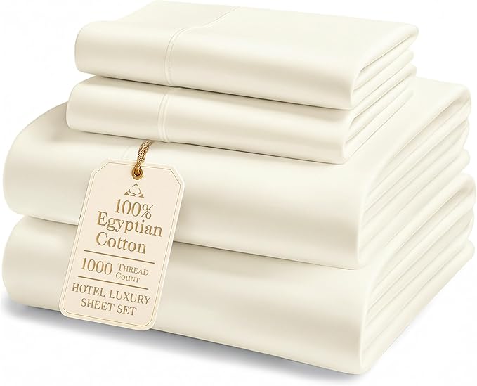 100% Egyptian Cotton Queen Size Bed Sheet set - 1000 Thread Count Sheets, Ultra-Soft Hotel Luxury Comfort with 15" Deep Pocket, Naturally Breathable & Durable Winter Queen Bed Sheets Set - Ivory