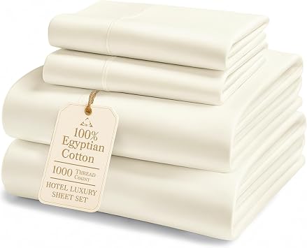 100% Egyptian Cotton Queen Size Bed Sheet set - 1000 Thread Count Sheets, Ultra-Soft Hotel Luxury Comfort with 15" Deep Pocket, Naturally Breathable & Durable Winter Queen Bed Sheets Set - Ivory