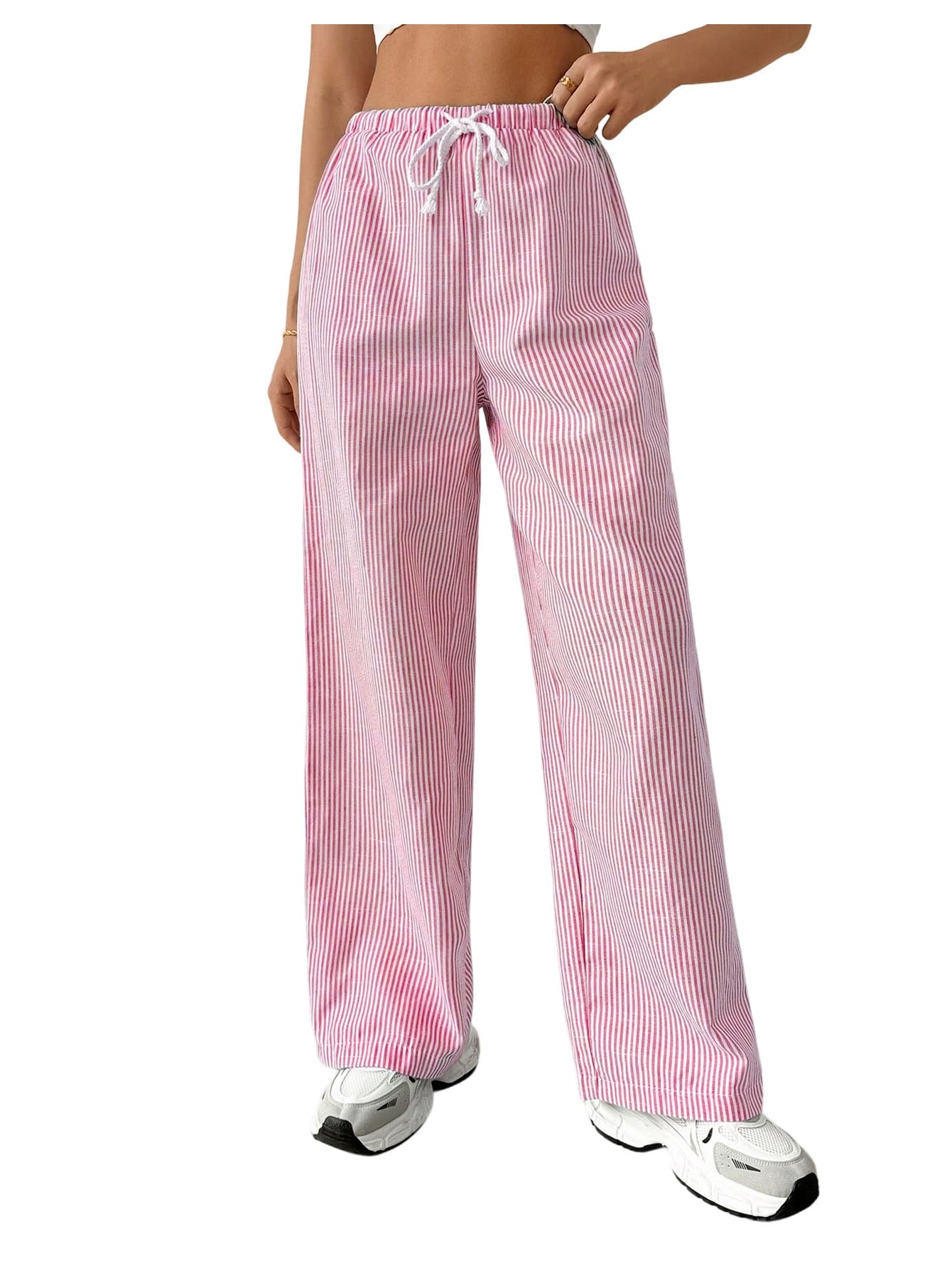 GORGLITTER Womens Striped Baggy Drawstring Waist Pants Y2k Straight Leg Loose Trousers