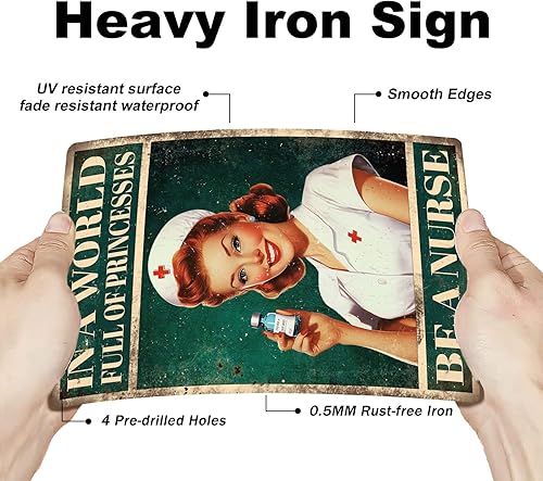 Miniatura 3 de GLOBLELAND Letrero de metal retro con texto en inglés "In a World Full of Prince Be A Nurse" de 12 x 8 pulgadas, póster retro para pared, oficina,