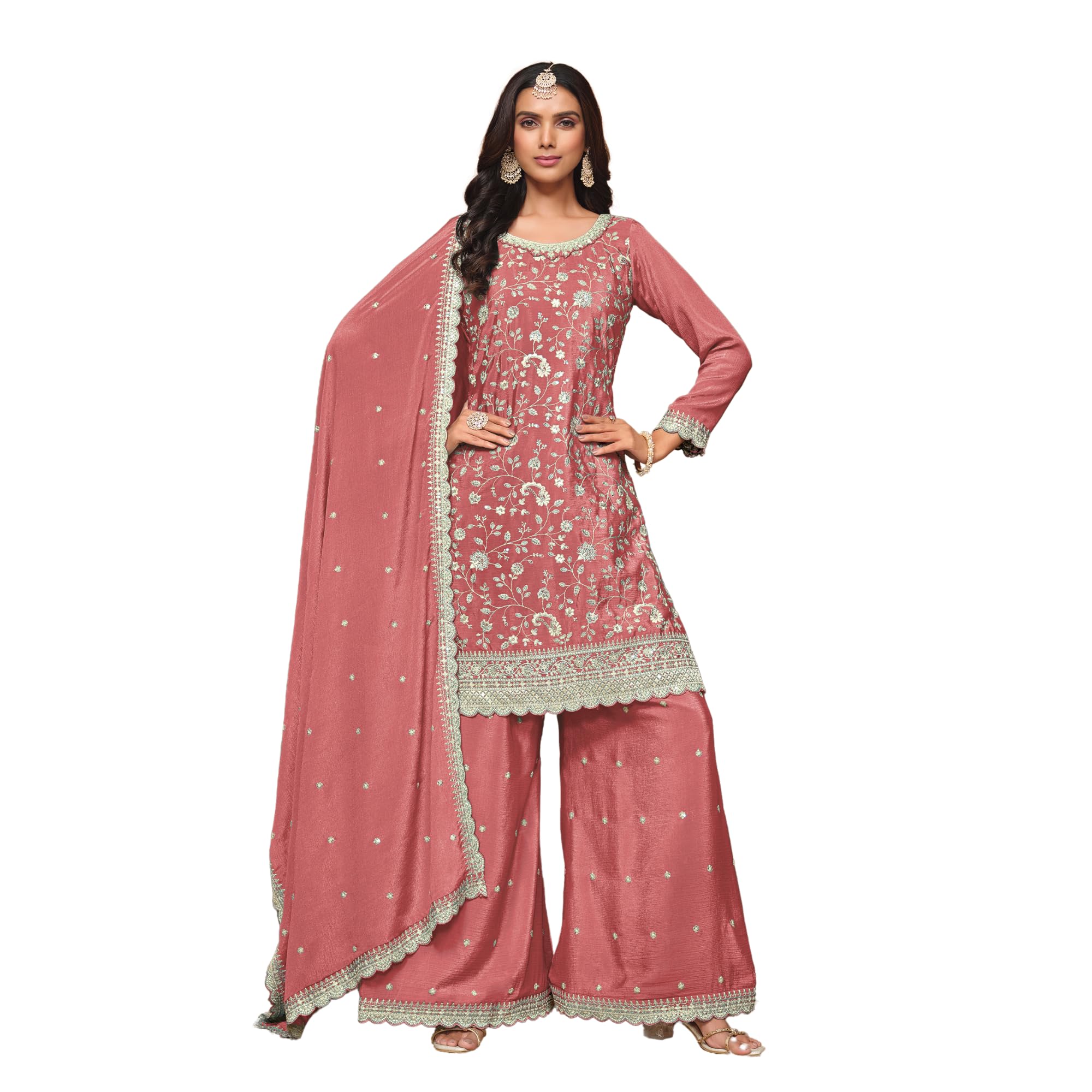 Pastel Grace Chinon Embroidered Palazzo Suit with Dupatta for Festive Party Wedding Dresses