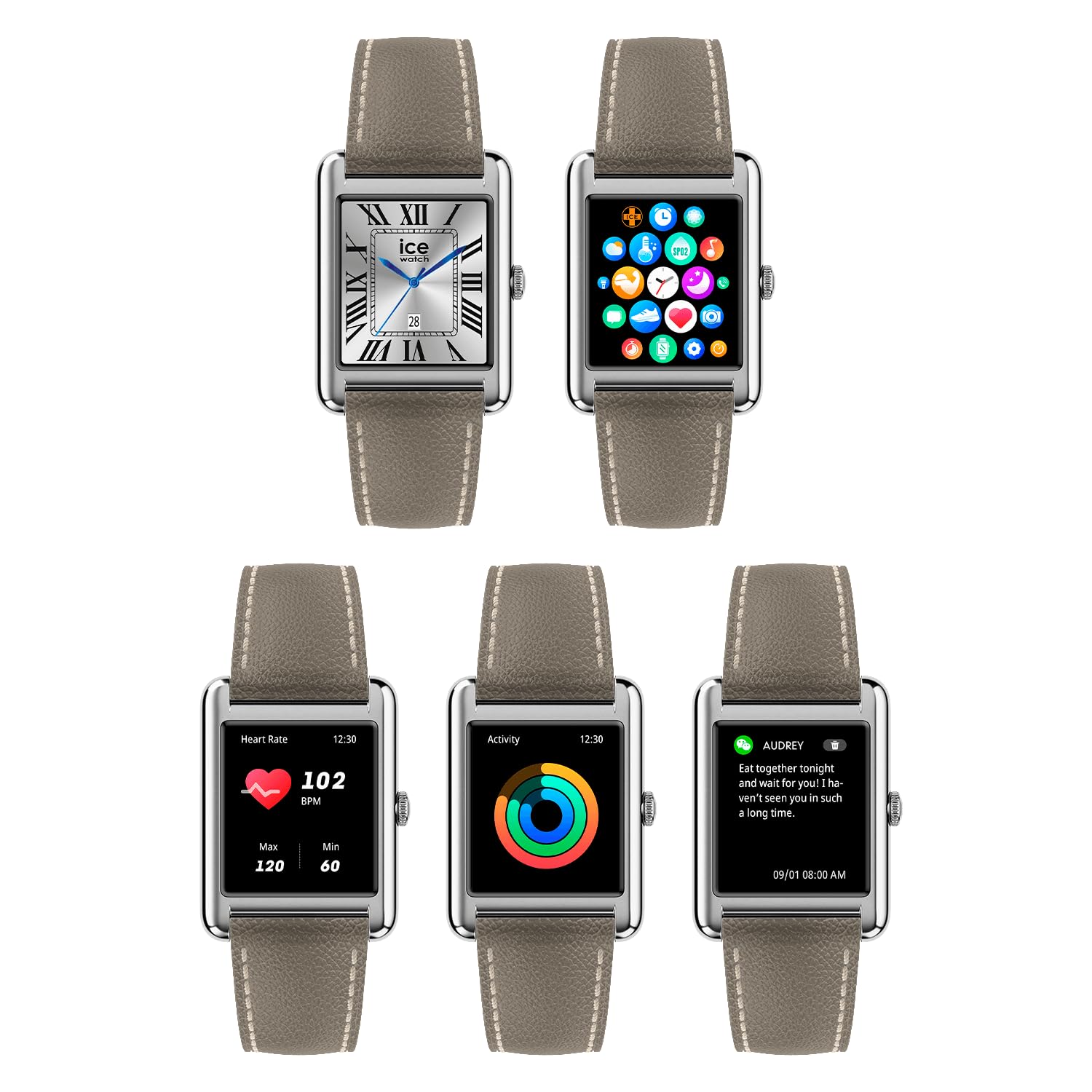 ICE-WATCH - Ice Smart TKS 2.0 Silver Grey Grain - Montre connectée Argent pour Femme avec Bracelet en Cuir - 025621 (1.41 Pouces / 32mm) - Smartwatch, Suivi des activités physiques et de la santé
