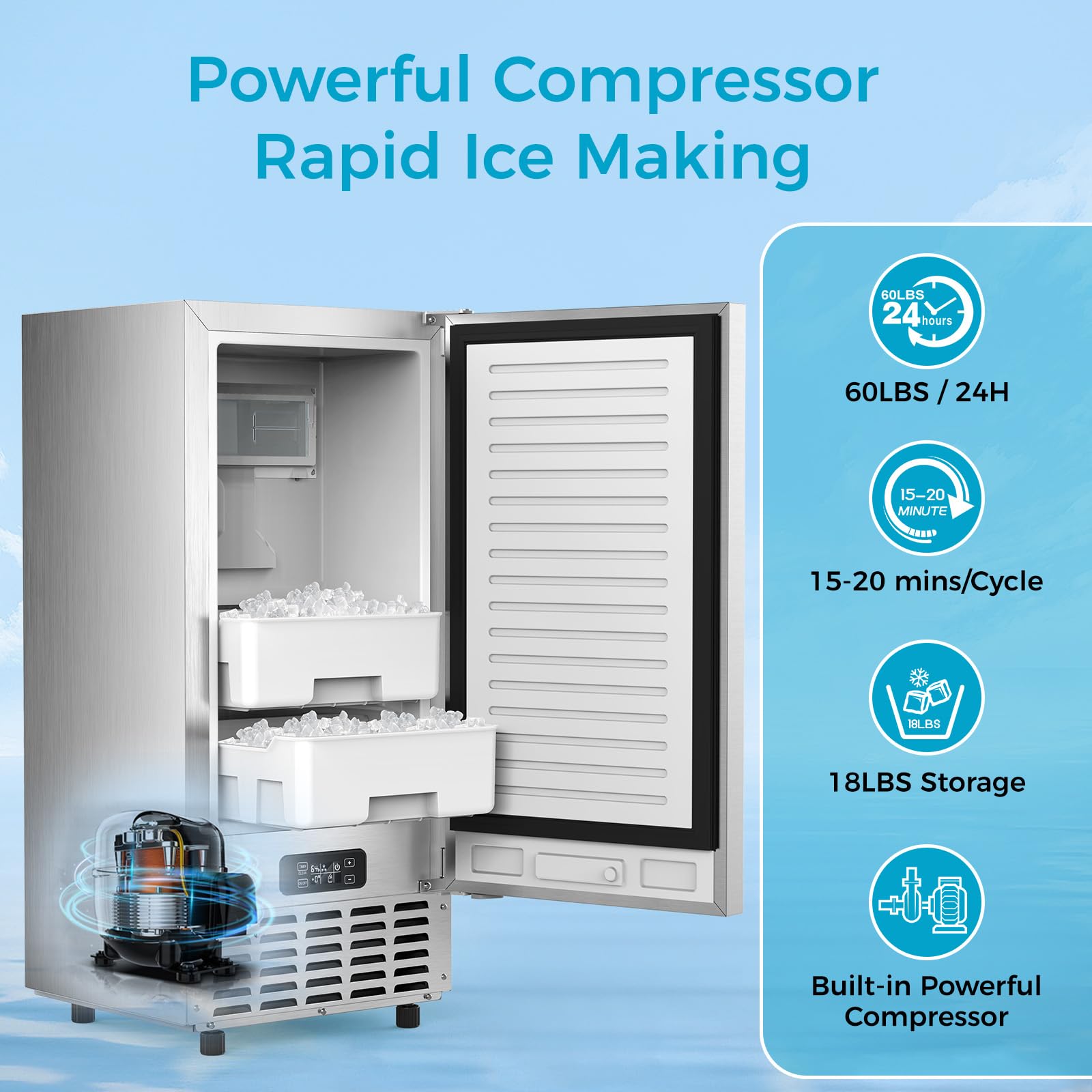 Cowsar Commercial Ice Maker Machine, Nugget Ice, 66lbs/24h Stainless Steel Under Counter Ice Maker, Self-Clean&24h Timer, Commercial Nugget Ice Machine With Lcd Display, Ideal For Bar/Café/Restaurant on Fridge.com - View 2