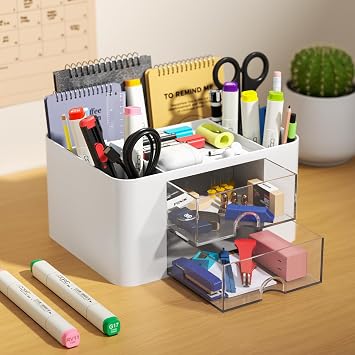 Senders Desk Organiser with 2 Drawers Desk Tidy Organiser with Pen Holder Desktop Stationary for School Office Home Makeup Supplies Practical and Stylish Storage Solution (White)