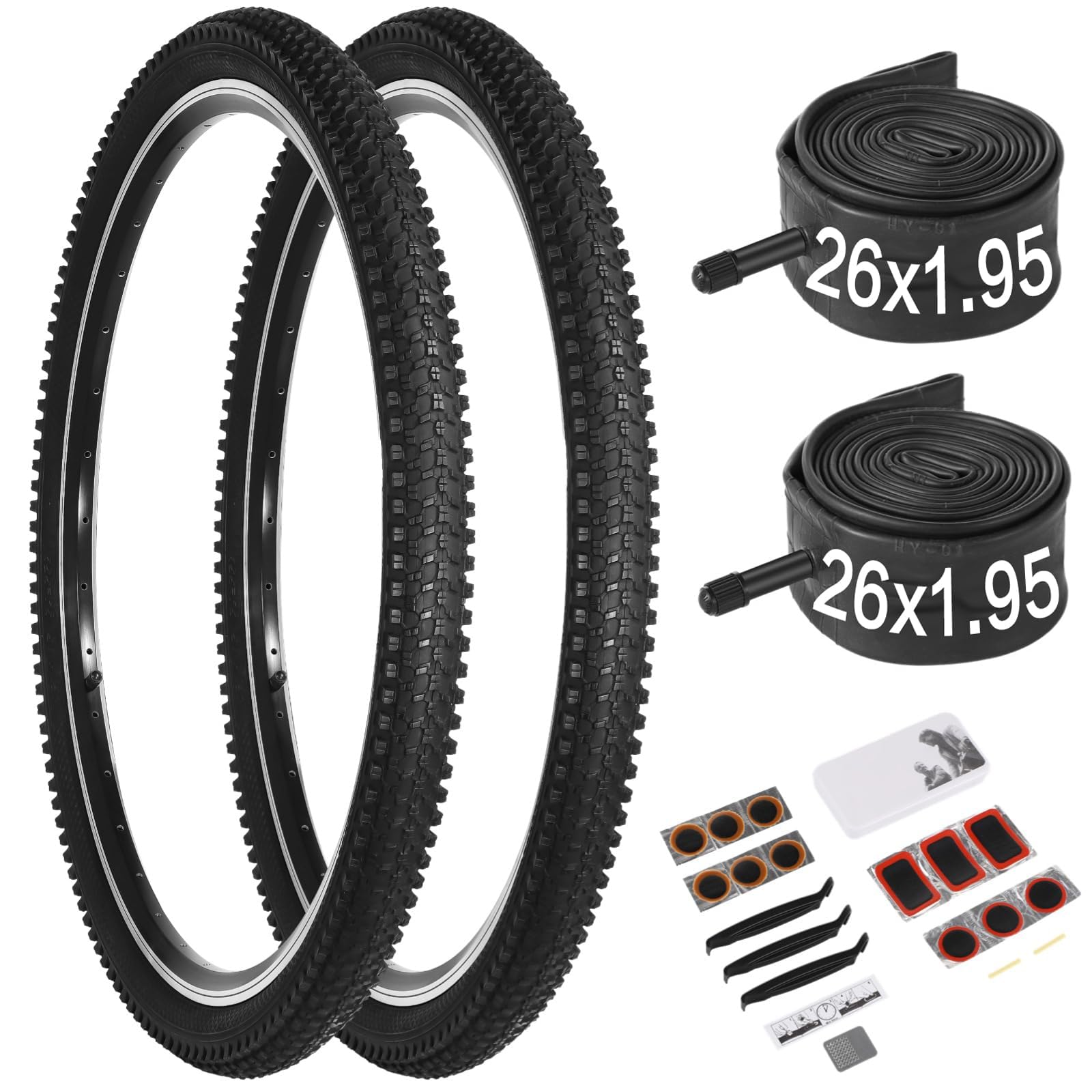 24/26x1.95” Bike Tire, 2 Pack 24/26x1.95 Folding Bicycle Tire and Tube, 24/26 Inch Mountain Bike Tires,Replaceable 26/24 Inch Bike Tires with Repair Tools for MTB,BMX