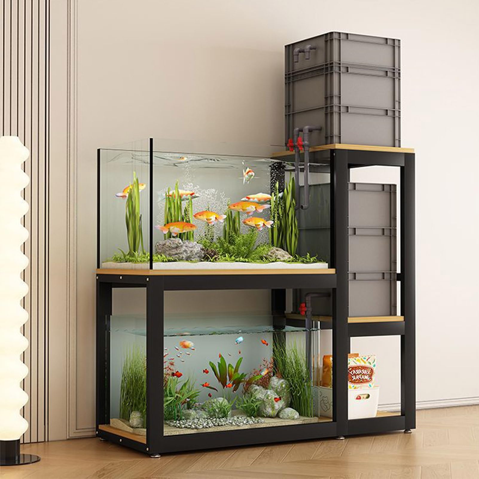 Support d'aquarium pour terrariums tortues et reptiles avec étagères de rangement, hauteur 110 cm, support d'aquarium pour bureau à domicile (cadre blanc avec finition noyer)