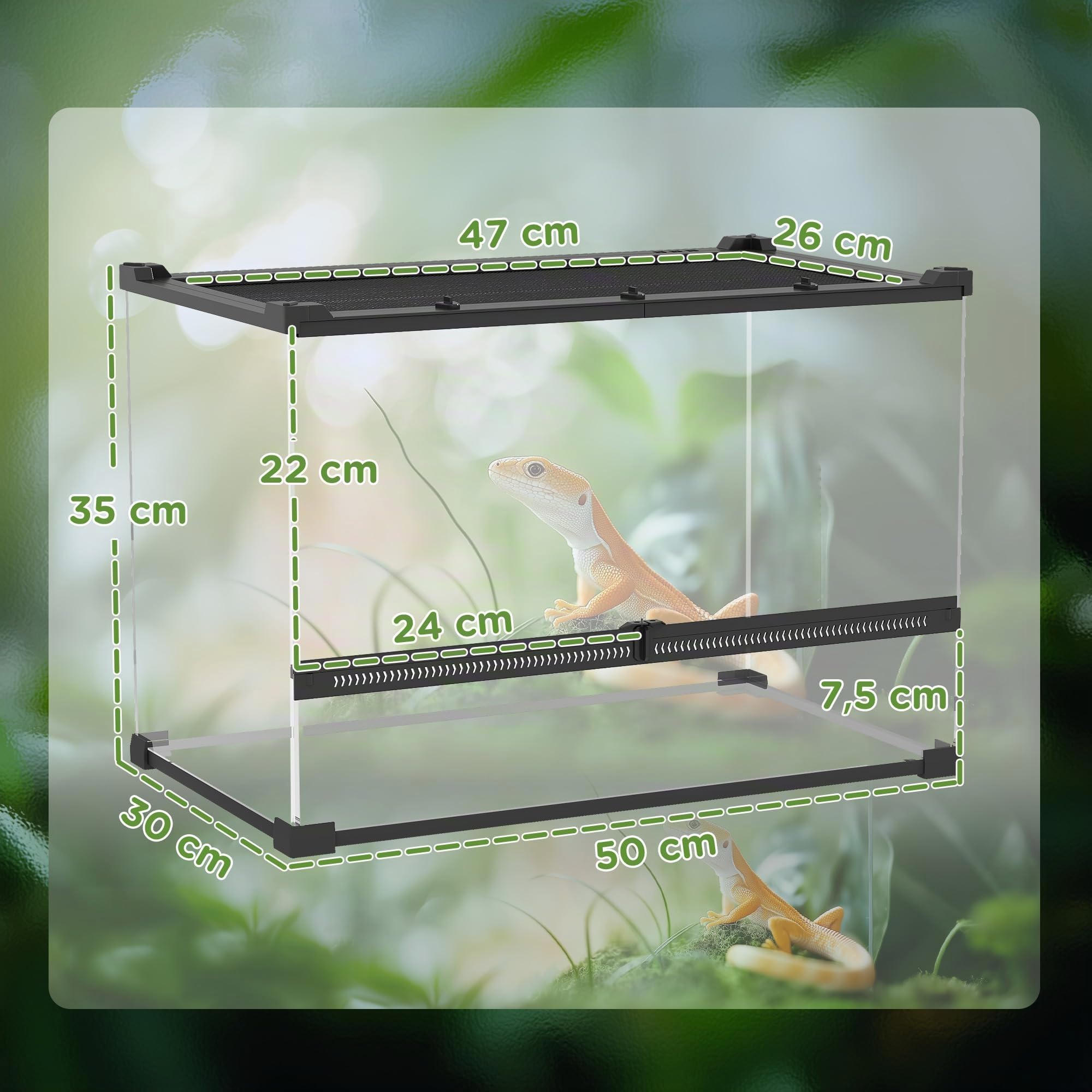PawHut Caja para Reptiles, caja de cría de Reptiles, Hábitat de Terrario con Cierre de Seguridad por Rotación, Ventilación Frontal, Sin Montaje Requerido, 50 x 30 x 35 cm, Negro