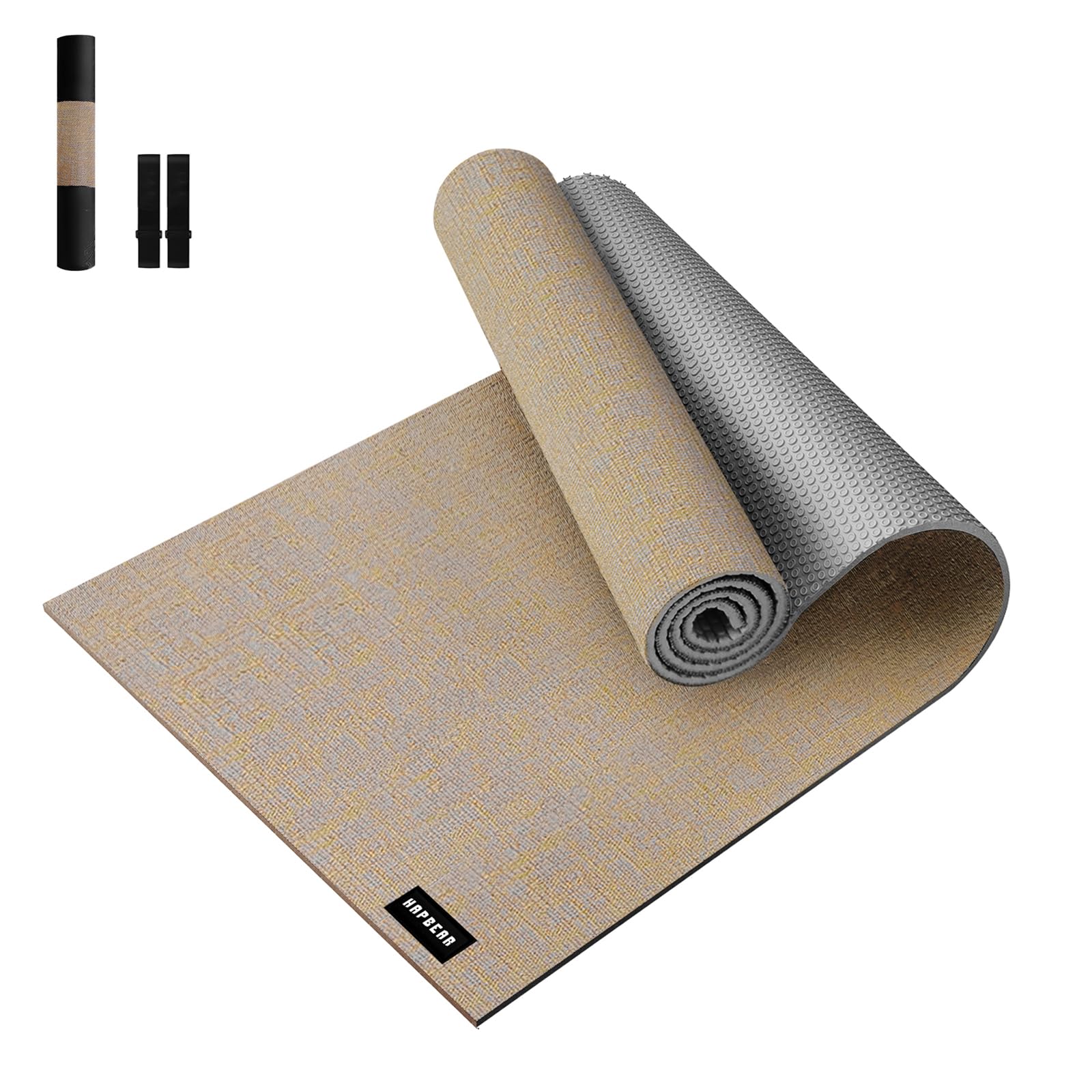 HAPBEAR Yogamatte XXL 213x76cm- 6mm Dick - Aus Naturleinen - Extra Lang Groß Yoga Matte, Rutschfest und Reißfest - Perfekt für Yoga, Meditation, Pilates - Tragetasche Inbegriffen & Resistance Band