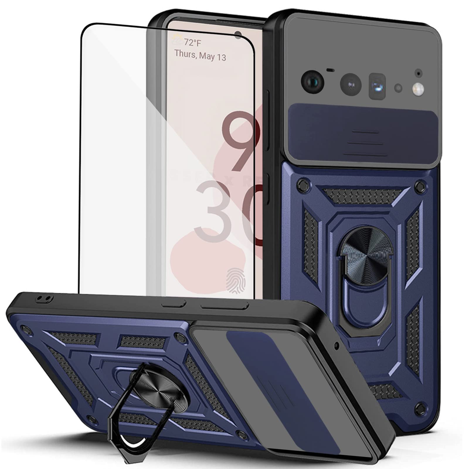 Asuwish Phone Case for Google Pixel 6 Pro with Slide Camera Cover and Tempered Glass Screen Protector Hard Stand Ring Holder Hybrid Cell Accessories Pixel6Pro Pixel6 XL 6XL Pixle 6Pro 5G Men Blue
