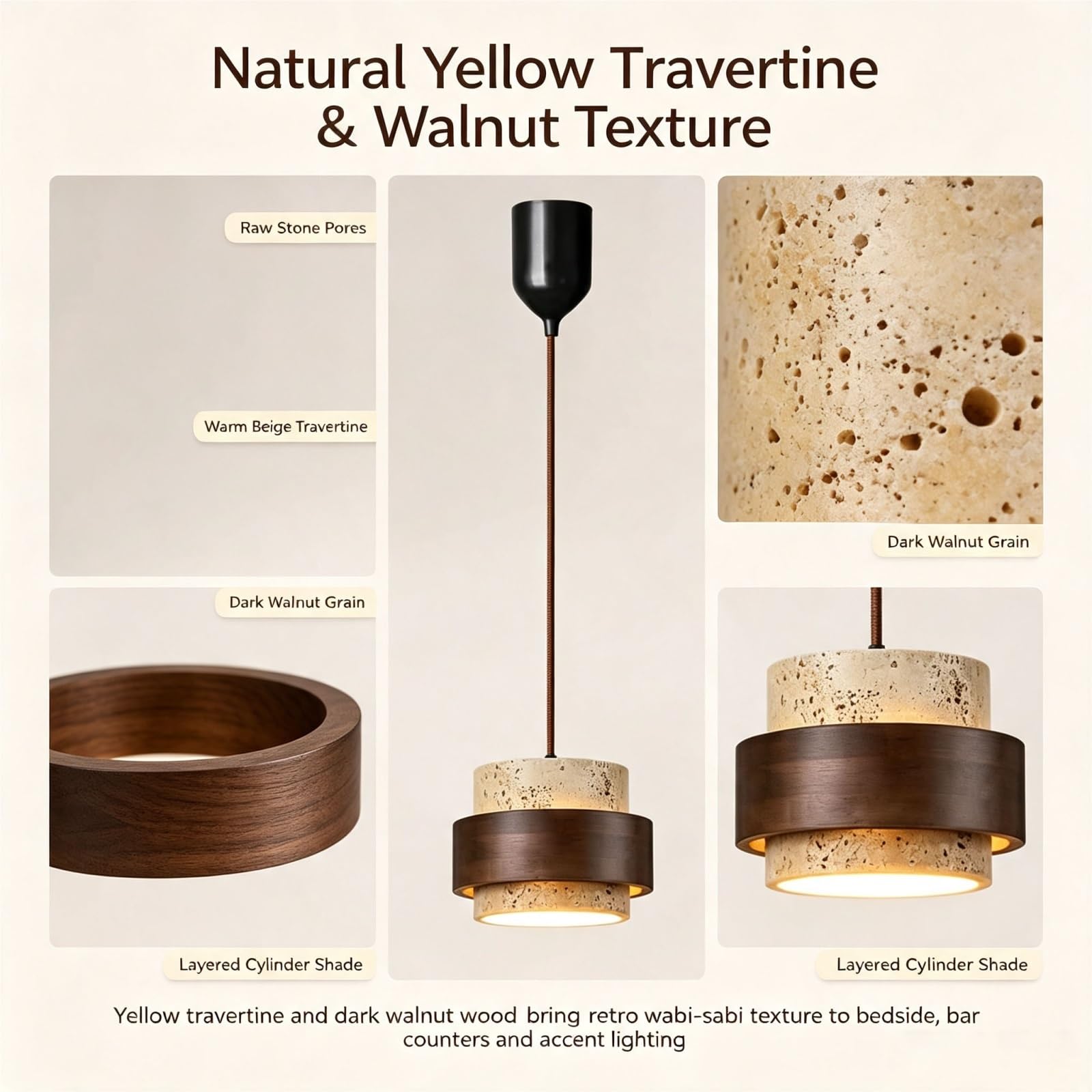 Mini lámpara colgante travertino nogal lámpara individual Japanese Style | Estilo japonés lámpara cilíndrica travertino madera nogal cordón ajustable para isla cocina dormitorio