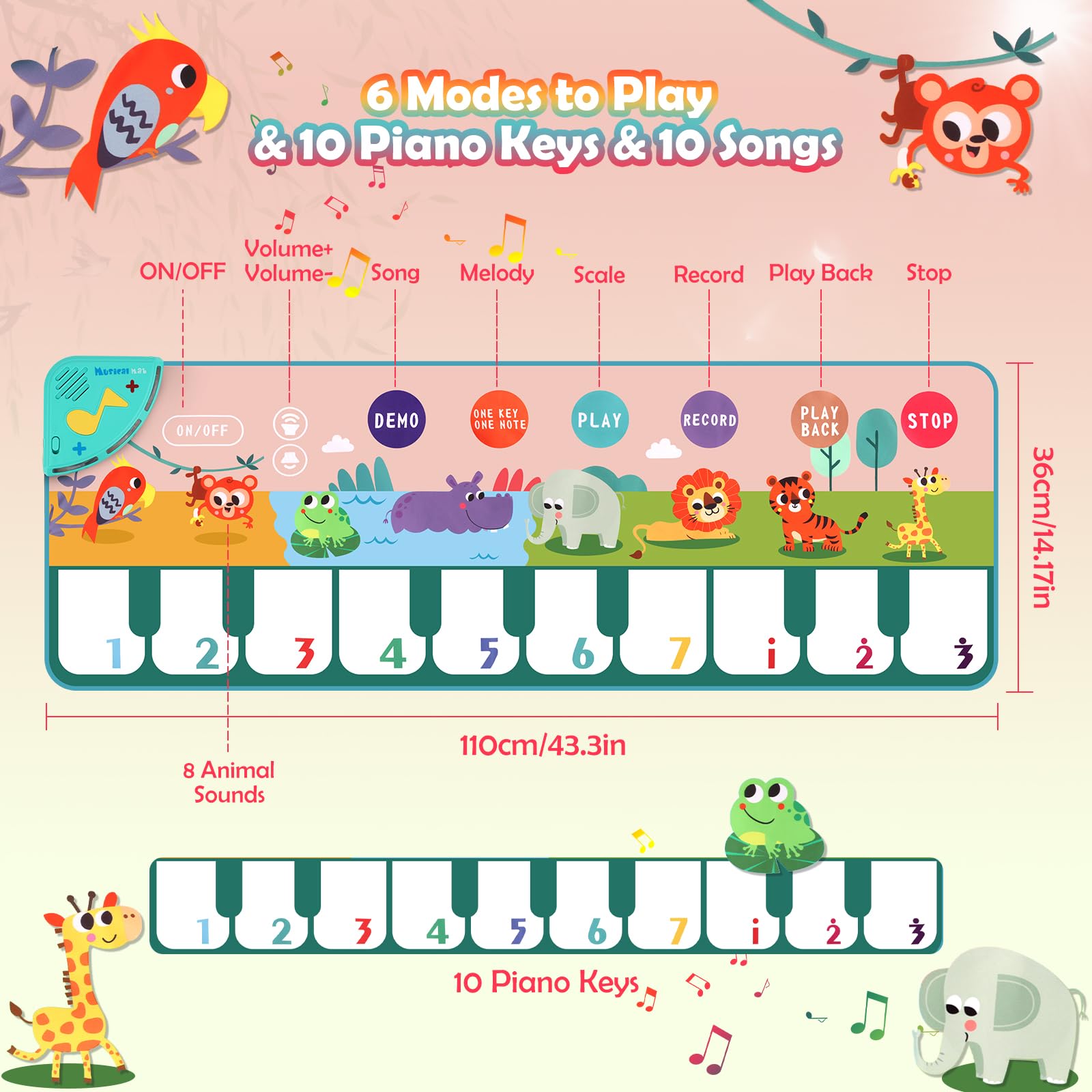 Tappetino Musicale per Bambini, Tappetino da Ballo con 10 Animali, 4 Modalità,10 Melodie, Tappetino per Pianoforte, Regali Compleanno per Ragazzi Ragazze 1 2 3 4 5 6 Regalo Natale (100 * 36 cm)