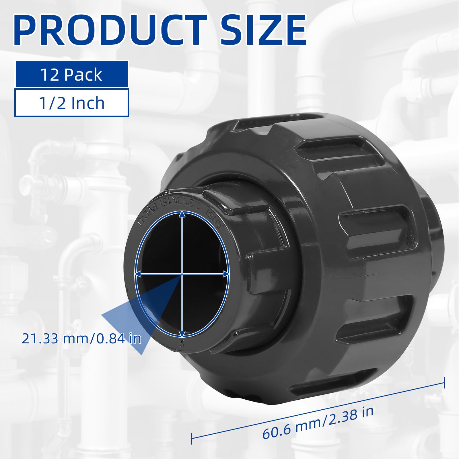 12 accesorios de tubería de acoplamiento de unión de PVC de 0.5 pulgadas (enchufe x enchufe), adaptador de acoplamiento de unión deslizante de 1/2 pulgada, junta tórica EPDM Schedule 80, gris