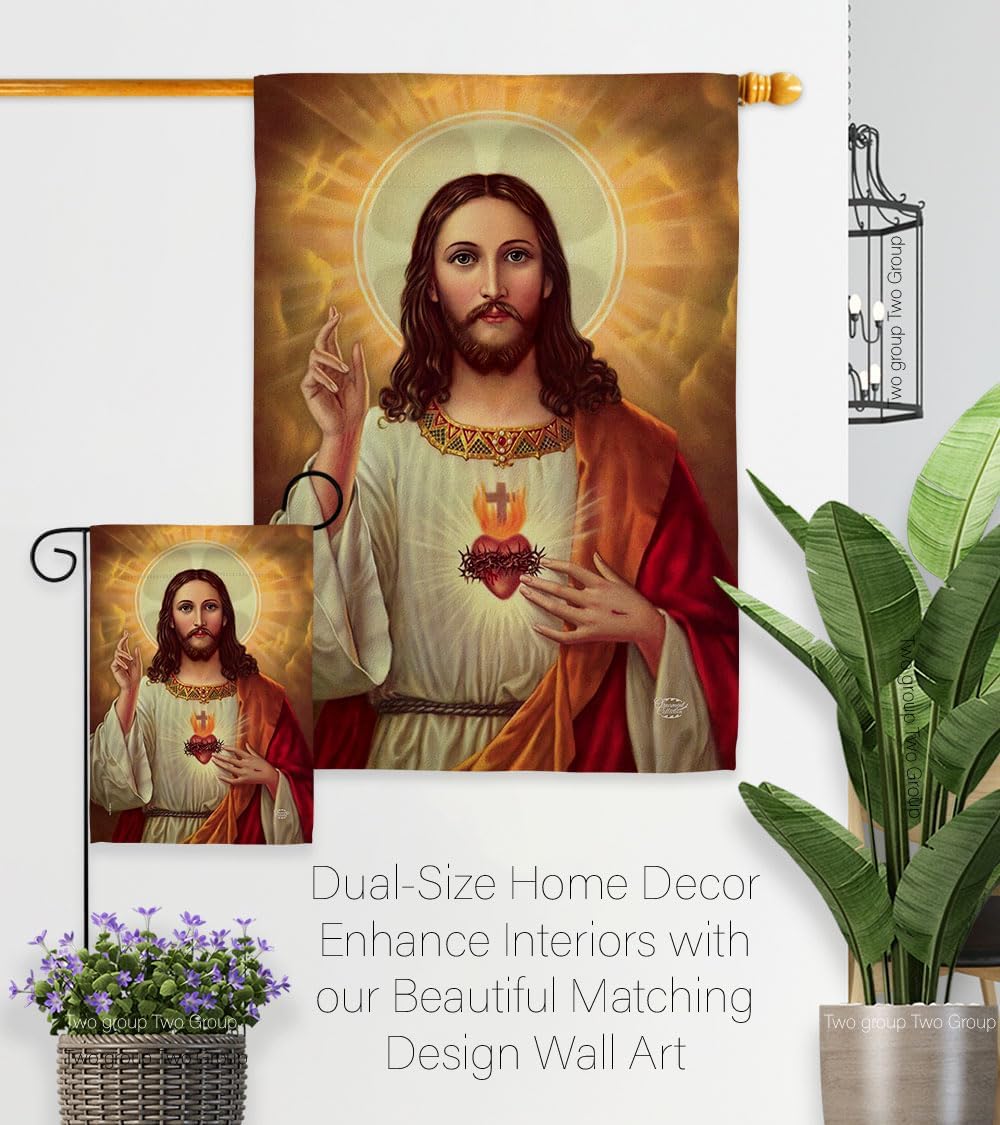 Feast of Sacred Heart of Jesus Flag Wood Dowel Set Wall Hanging Decor Home Poster Porch Religious Canvas Room Tapestry Faith Fathers Day Cemetery Decoration for Grave Yard Catholic Gifts