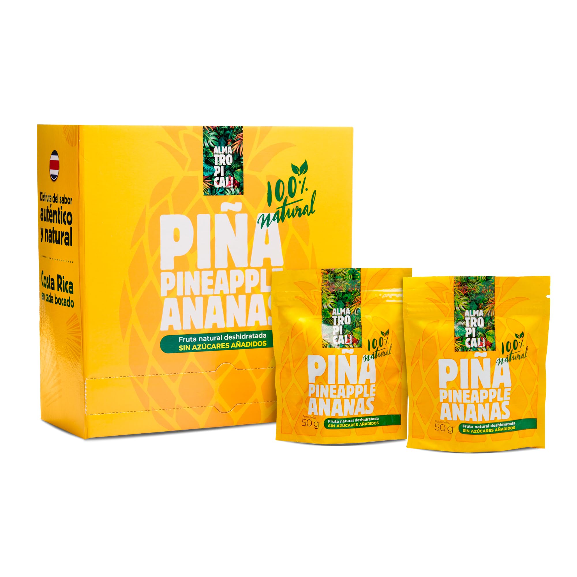 Alma Tropical - Piña Deshidratada Completamente Natural de Costa Rica (Caja 24 x 50g) | Snack saludable, Sin azúcares añadidos, Sin Alérgenos, Sin Glúten, Sin Conservantes