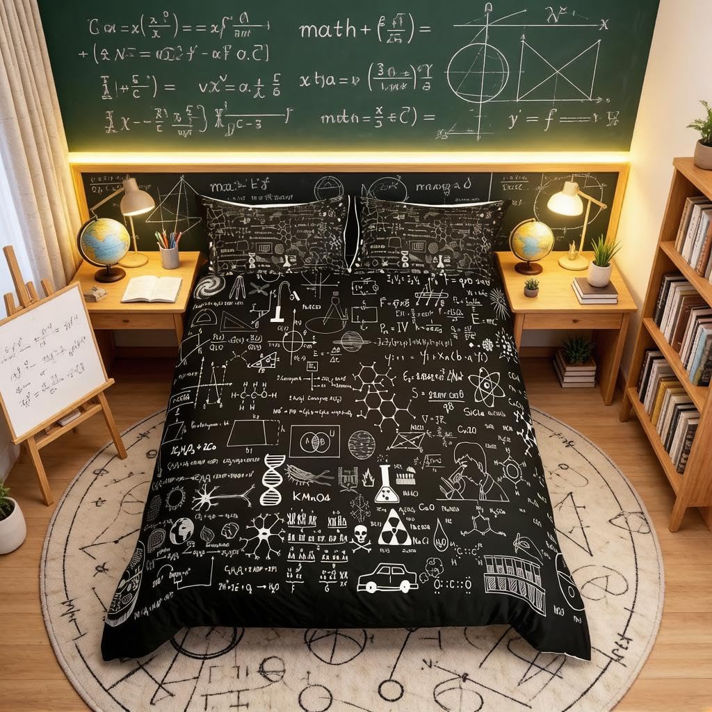 Loussiesd Math Theme Duvet Cover Science Formula Bedding Set For Kids Boys Girls Children Pattern Numbers Comforter Cover Black White Decor Bedspread Cover Single Zipper — image 1