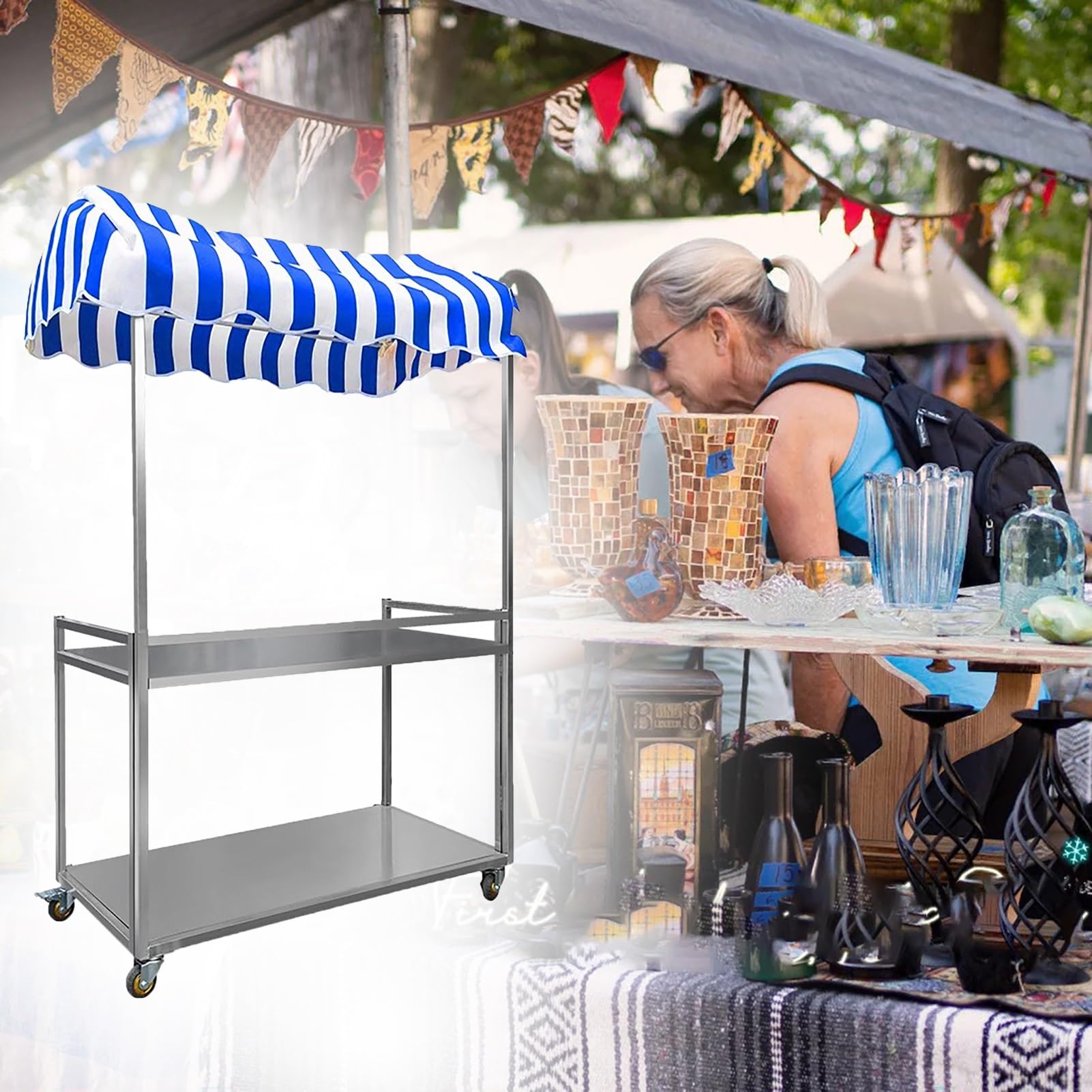 Chariot de Service Chariot de Vente de Nourriture de Rue Mobile et Pliable Sur Roulettes, Kiosque Métallique pour Vente de Snacks, Présentoir Alimentaire à Deux Niveaux pour Marché de Producteurs(Blue