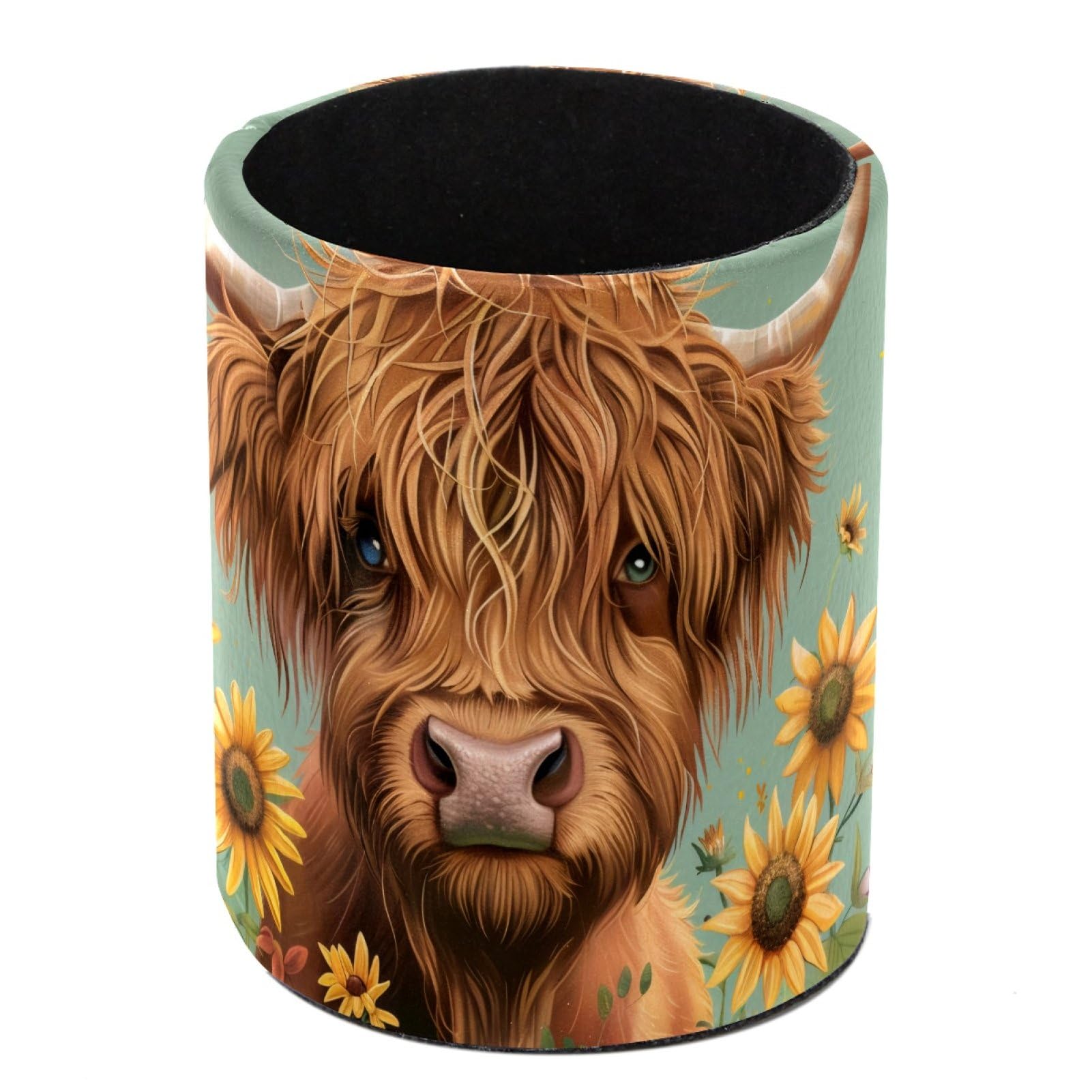 FWJZDSP Pencil Holder for Desk, Cow and Sunflowers Pen Cup Makeup Brush Holder, Leather Desktop Organizer Storage Case Stationery for School Home Office Supplies