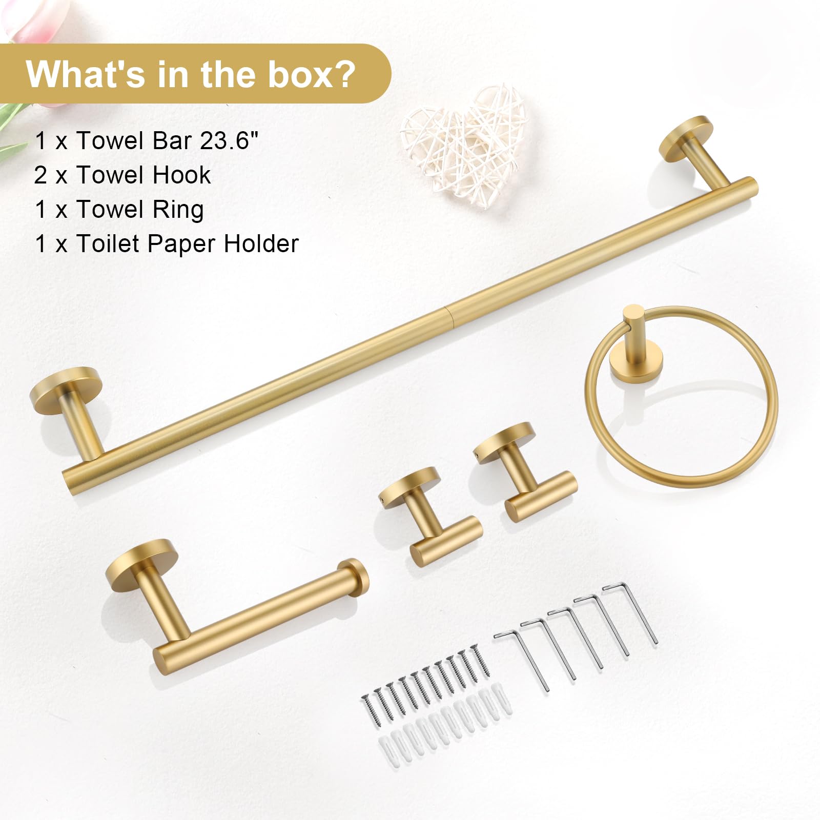 TQKAG 5 Piece Bathroom Accessories Set Brushed Gold Bathroom Hardware Set 23.6 Inch Bath Towel Bar Set SUS304 Stainless Steel Towel Rack Set — Amazon image 7