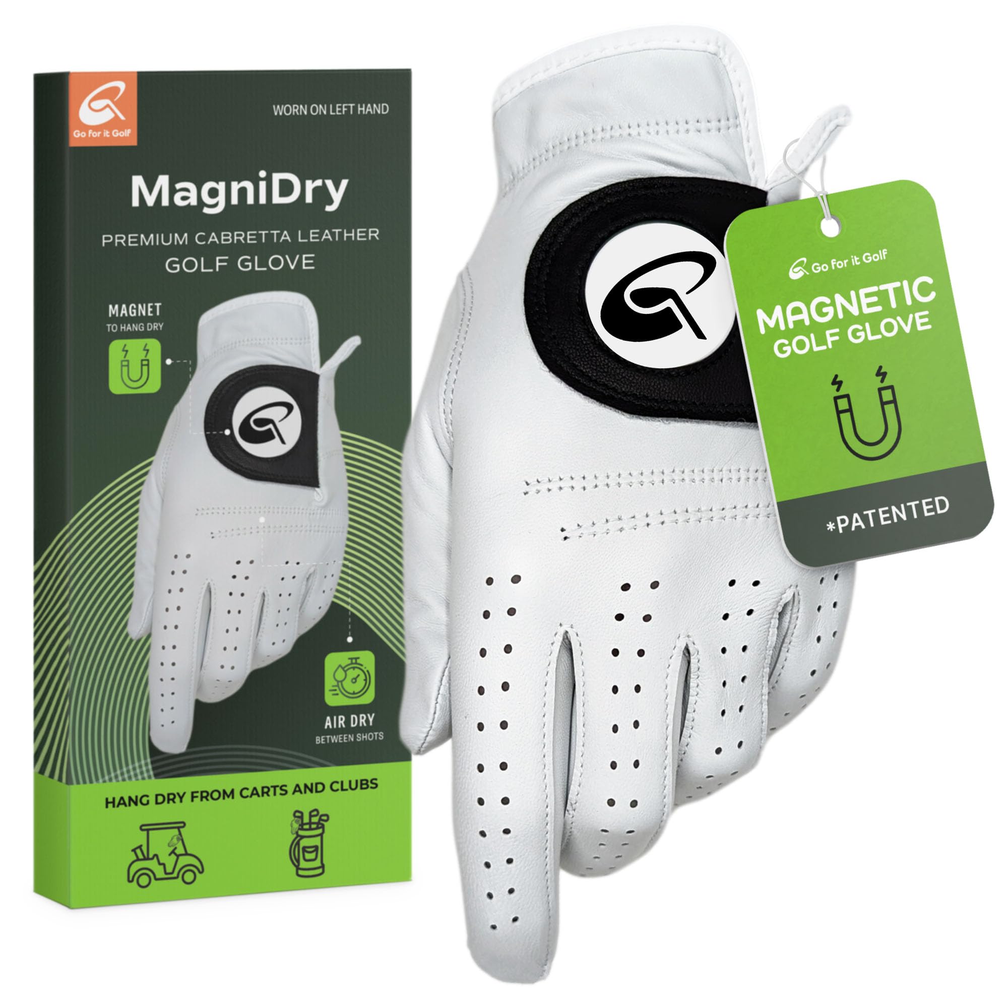 Men's Golf Glove Left Hand with Magnetic Strap, Cabretta Leather with Durable Elastic Wristband, MagniDry Technology Keeps Hands Dry & Fresh Between Shots, Comfortable and Durable Design