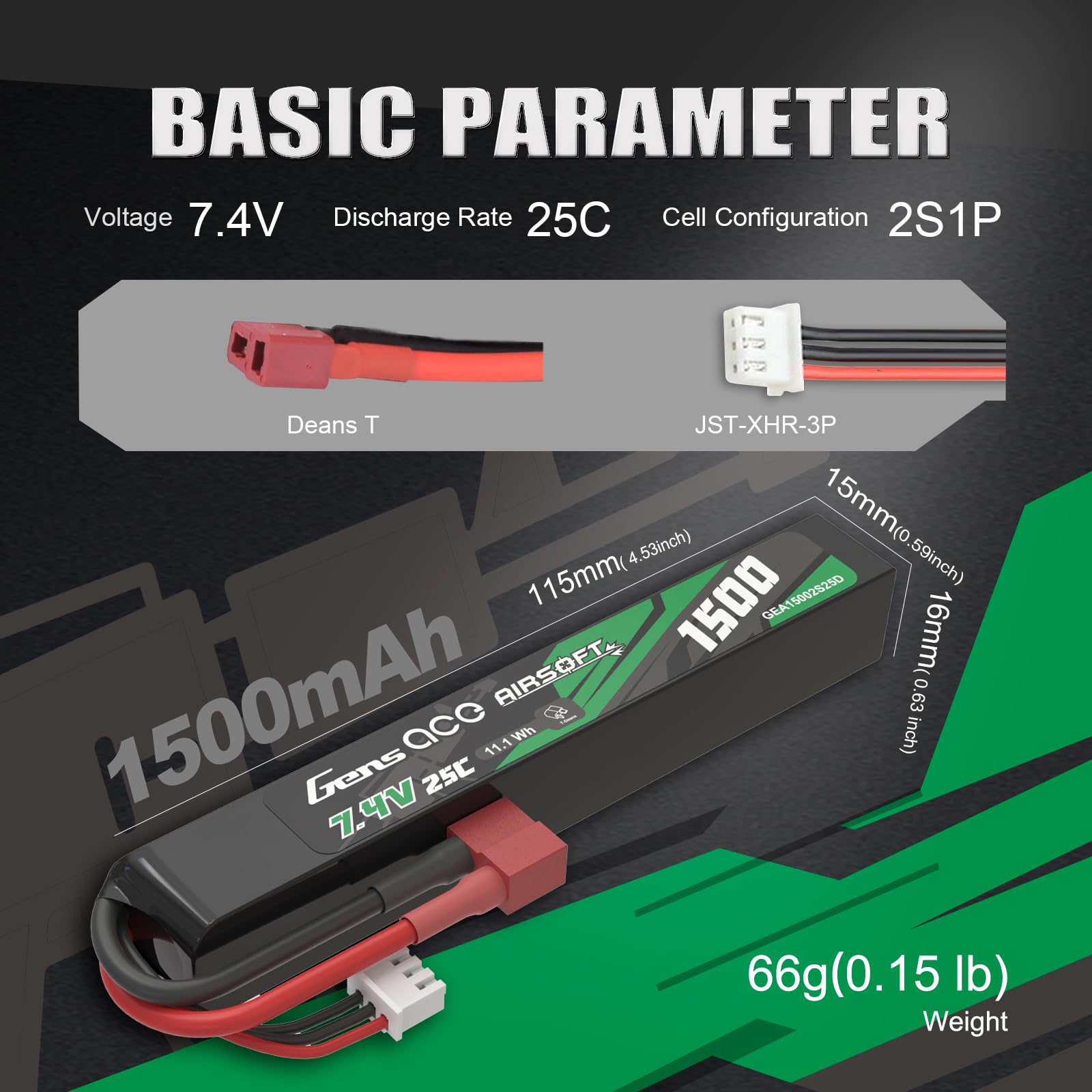 Gens Ace 2S 7,4V 1500mAh 25C Batterie LiPo avec Connecteur T-Plug (Deans), Batterie Rechargeable pour Modélisme et Loisirs, Format Stick Long