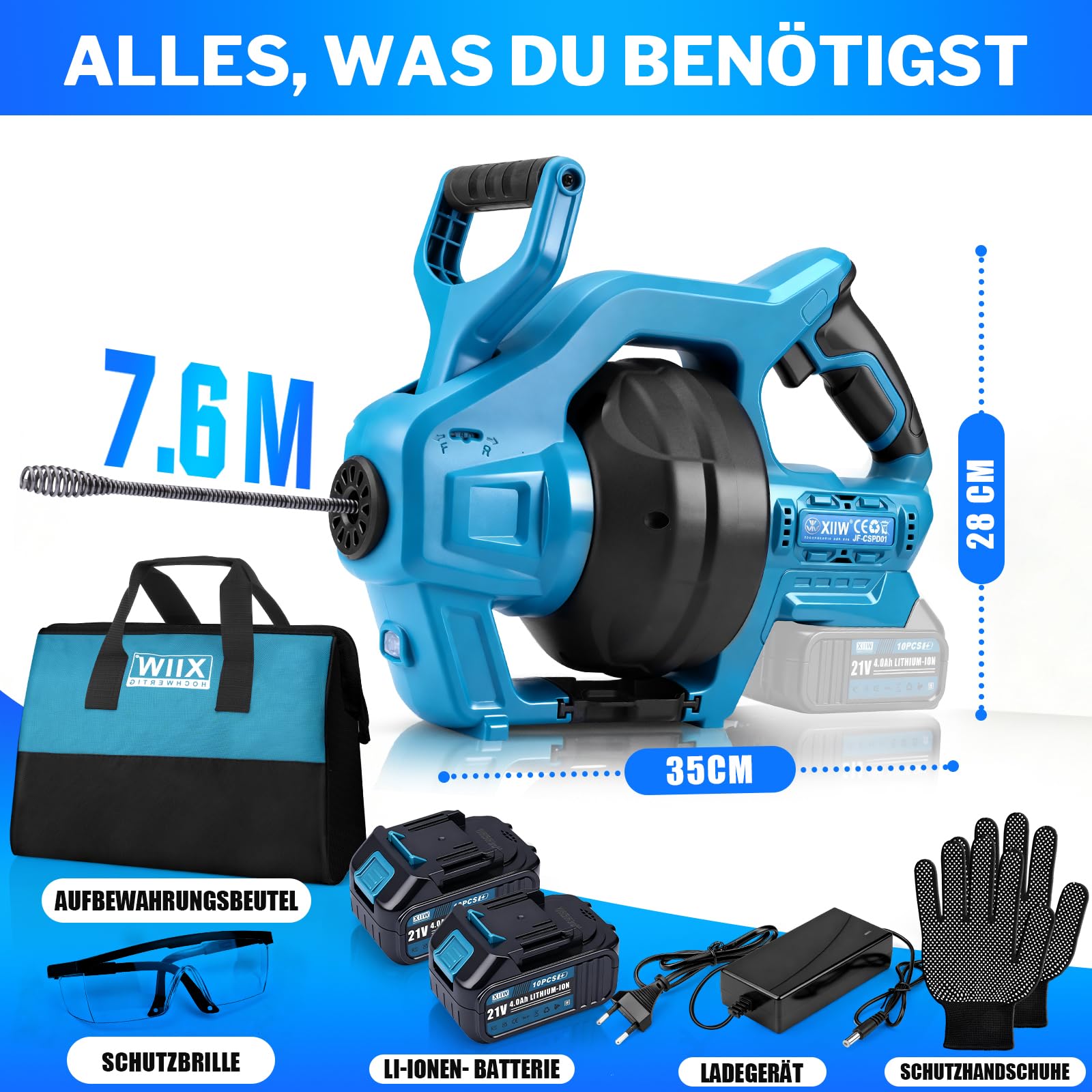 XIIW 20V Furet Déboucheur Canalisation avec 7,6m Spirale, 2 Batteries | Tarière Électrique Câble Flexible pour Débouchage/Nettoyage Tuyaux Ø19-85mm, Avant/Arrière, Chargeur Sac & Protections