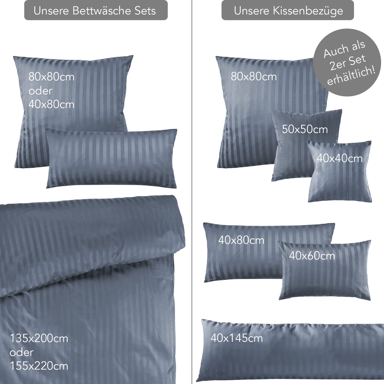 Pure Label Mako Satin Damast Streifen Bettwäsche 135x200 80x80 blau | Waschbar bis 60°C, Reißverschluss - Atmungsaktiv & Anti-Pilling