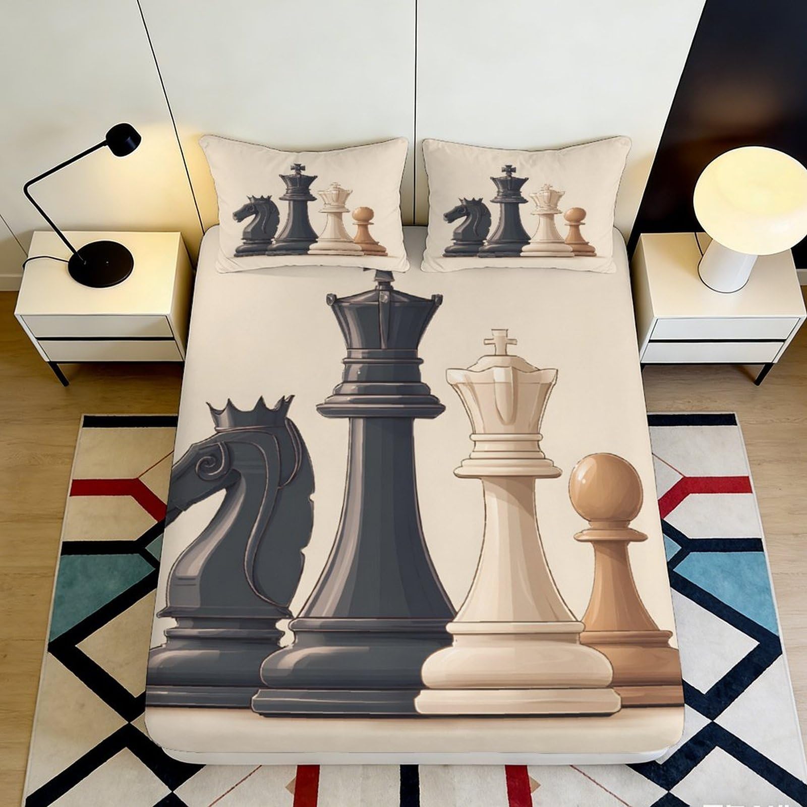 3D Printed Chess Queen King Fitted Sheet Microfiber Soft Breathable Chessboard Bed Cover for Bedroom Dorm Mattress Protection Decor 200x200x25cm