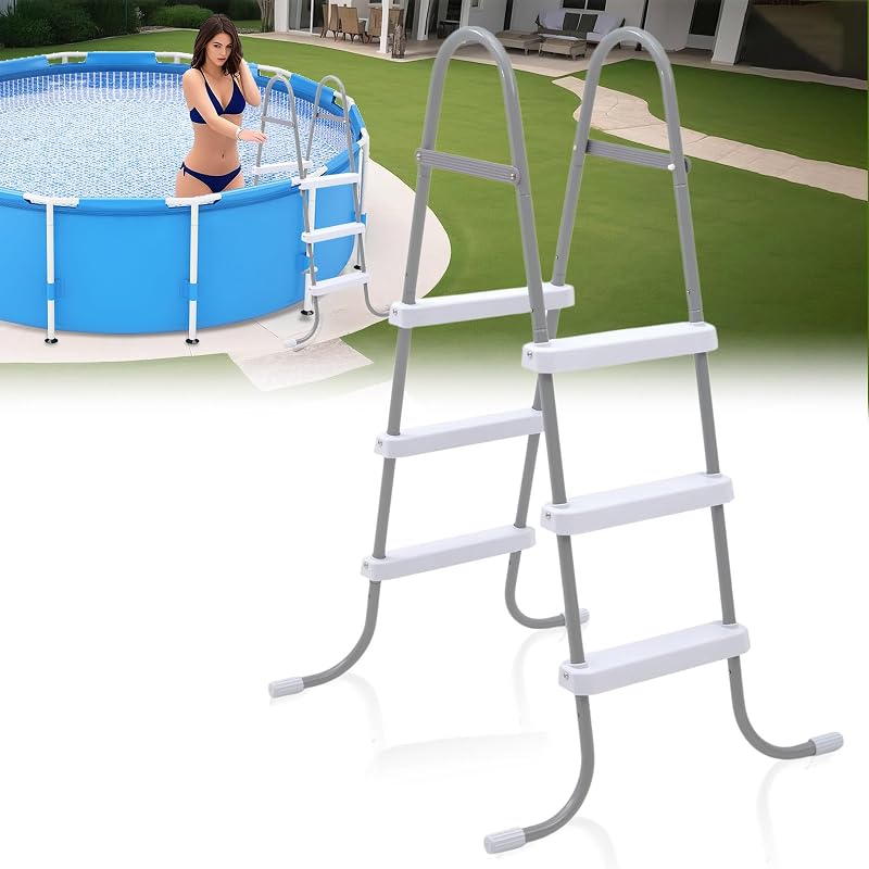42 Inch Above Ground Pool Ladder 3 Step Steel Frame Swimming Pool Entry Exit Ladder Non Slip Metal Frame Steps, Weight Capacity 300lbs(Grey and White)