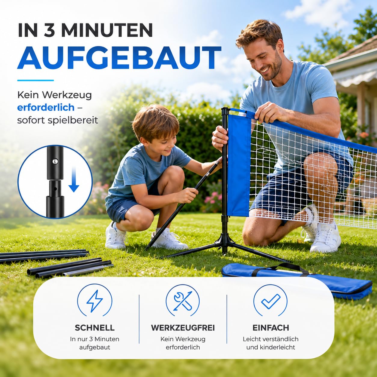 Filet de badminton de 3,1 m - Support réglable en hauteur de 107/105/150 cm et sac de transport - Filet en nylon pliable - Facile à monter et à démonter - Filet de sport idéal pour le tennis, le